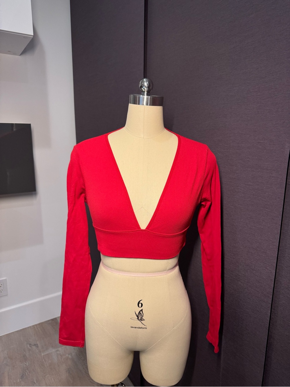 Garage Red Deep V Ribbed Long Sleeve Crop Top